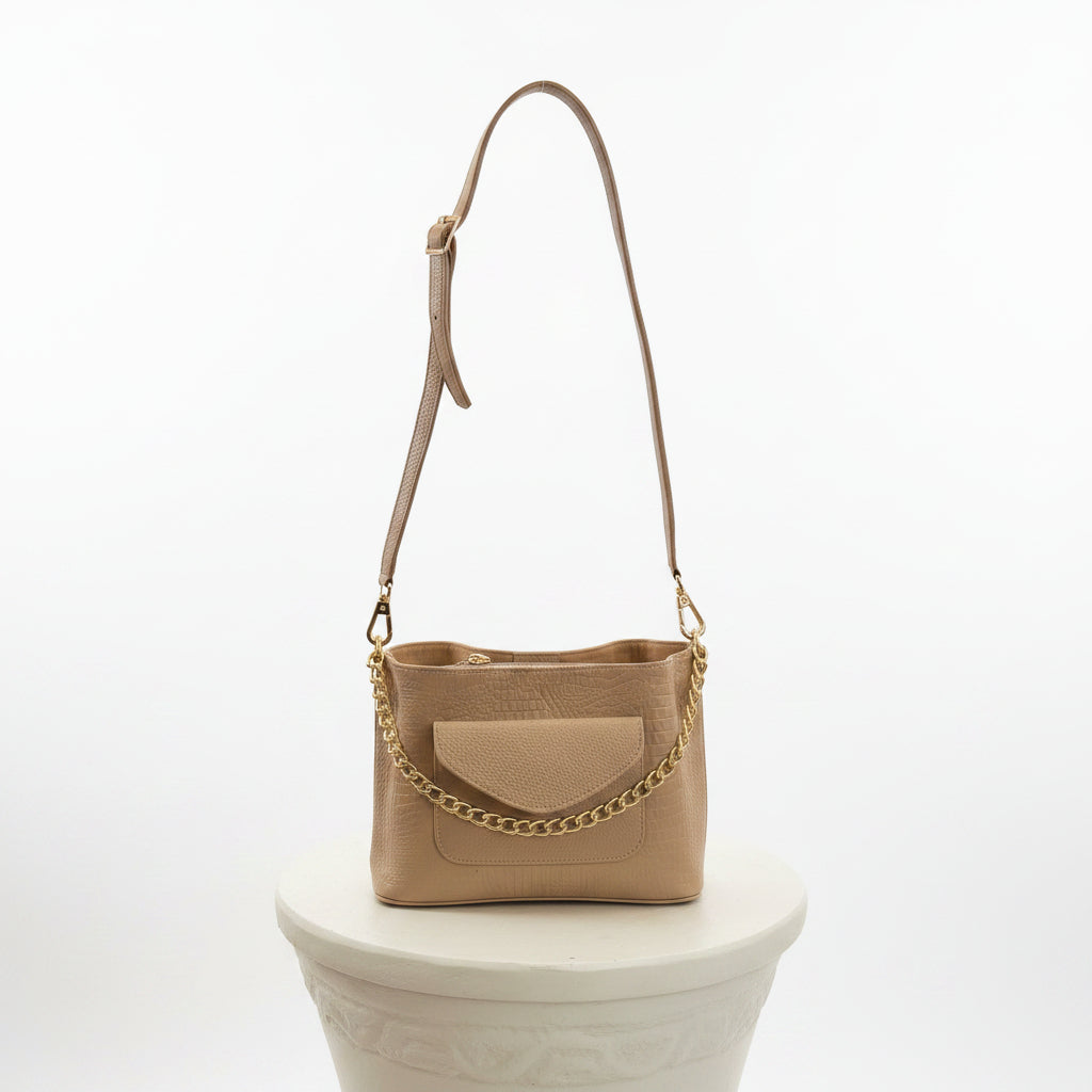 Bolso Giada Beige – Cuero Genuino Grabado Cocodrilo | 2 Formas de Uso | Calzado Da Stefi