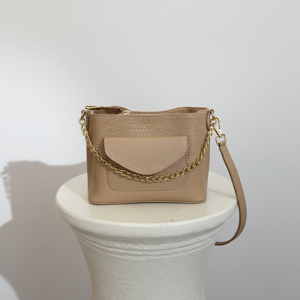 Bolso Giada Beige – Cuero Genuino Grabado Cocodrilo | 2 Formas de Uso | Calzado Da Stefi
